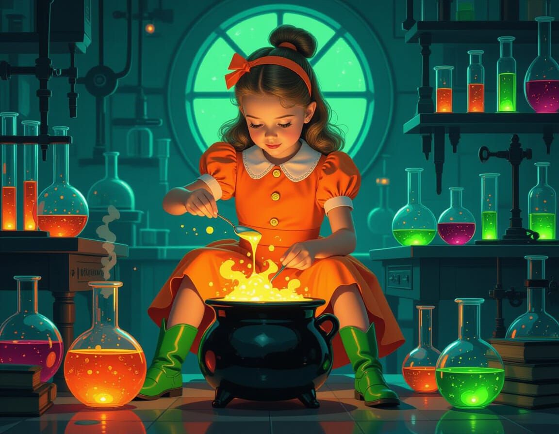 Girl in Mad Scientist Lab: Whimsical Digital Illustration