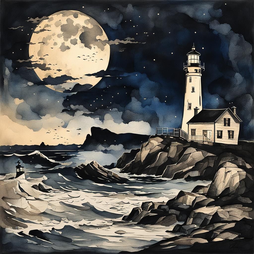 Lighthouse Serenity: Vintage Ink Painting on Crumpled Paper