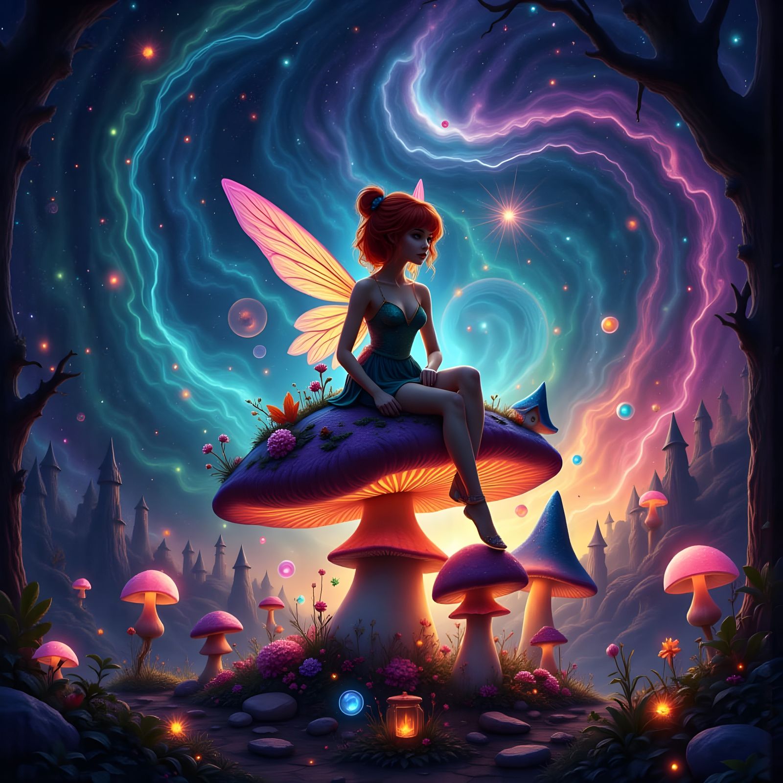 Psychedelic Tinkerbell on Mushroom Bottle with Geode Art