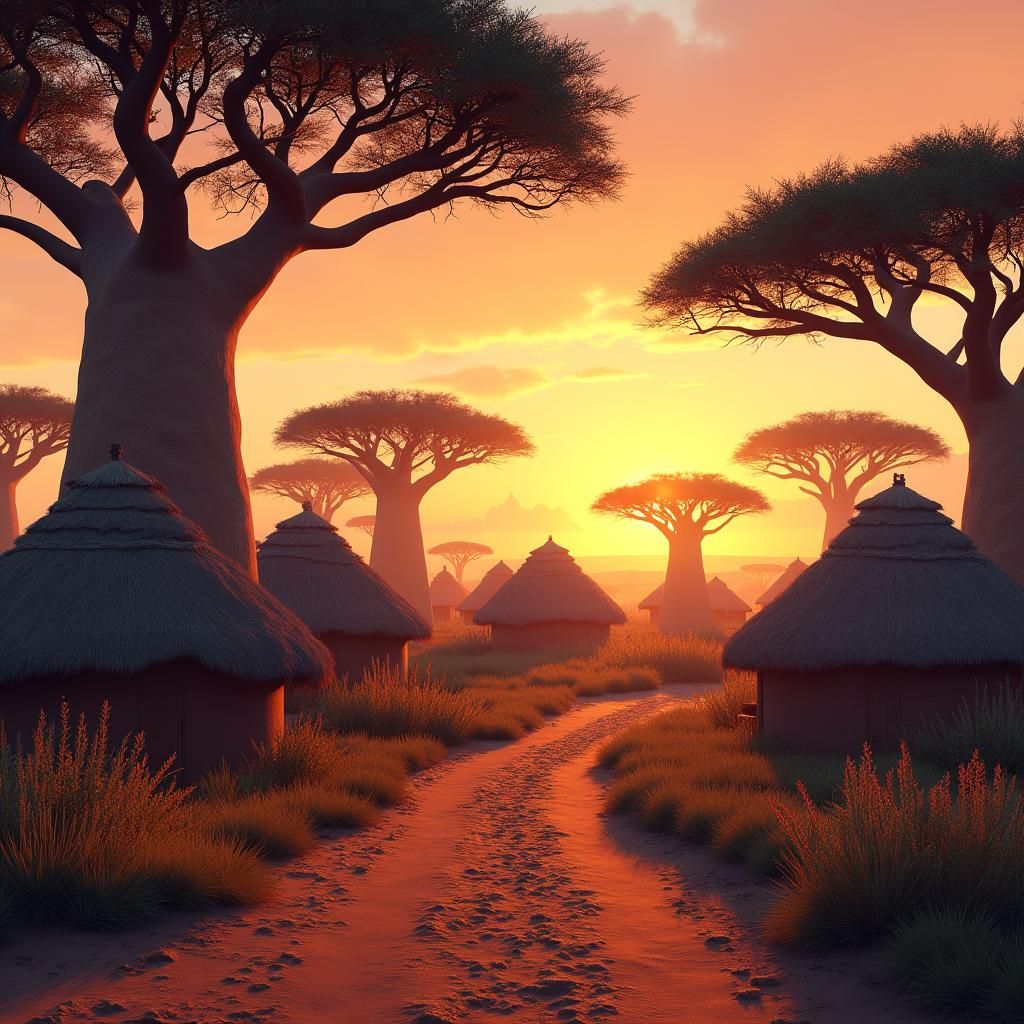 African Village Sunrise: Concept Art in 8K