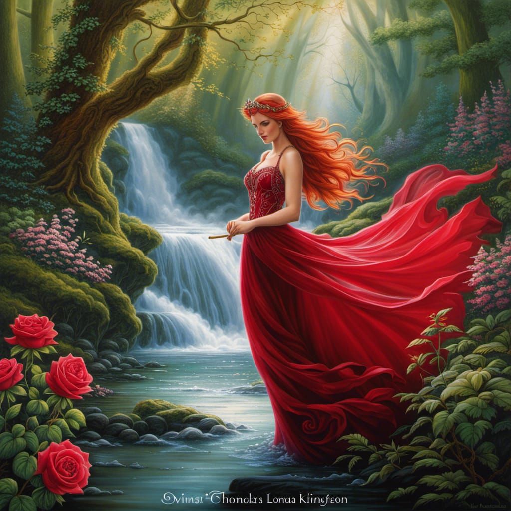 Red rose and ruby attractive fairy in Elveden forest waterfall clearing