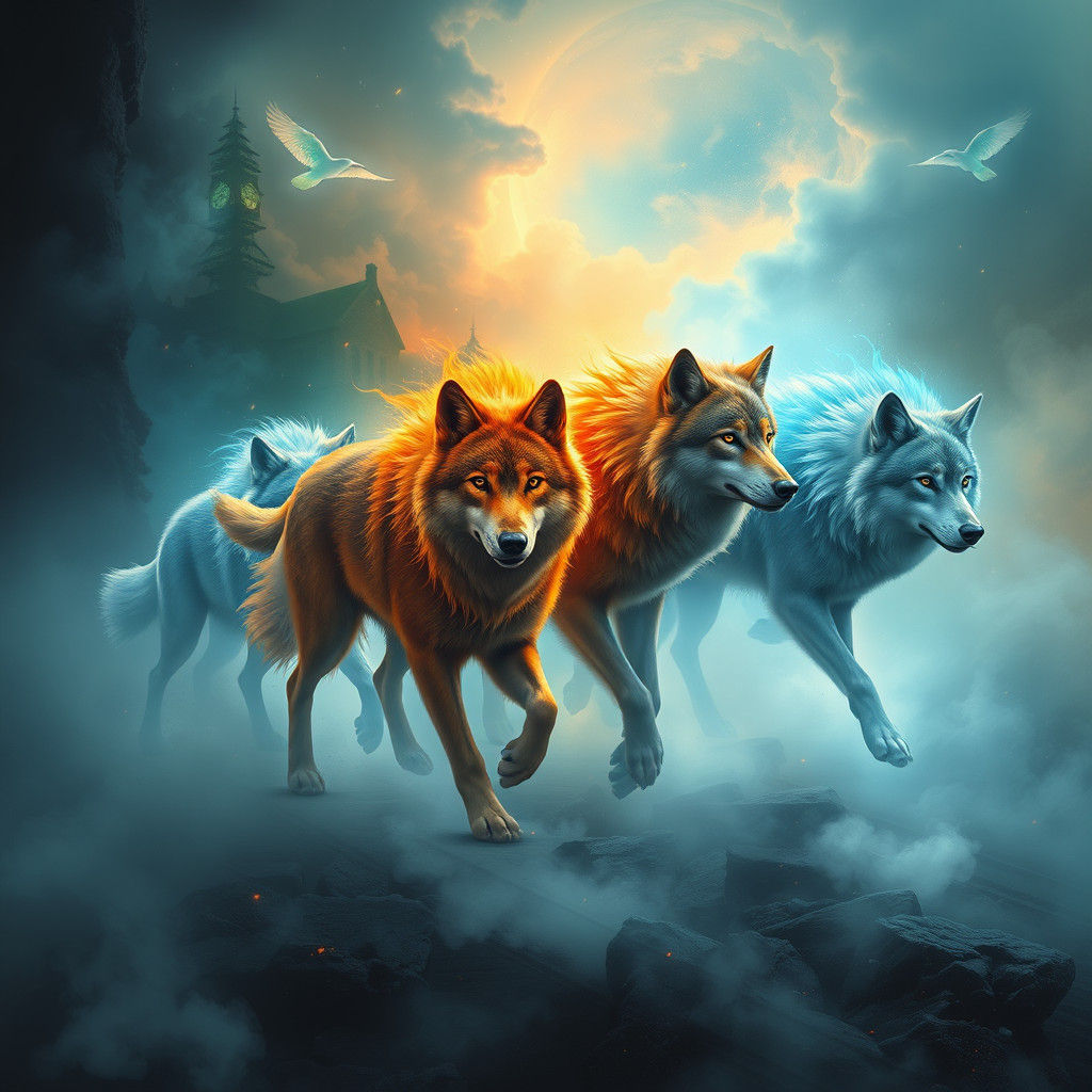 Elemental Wolves Roaming Mystical Realm