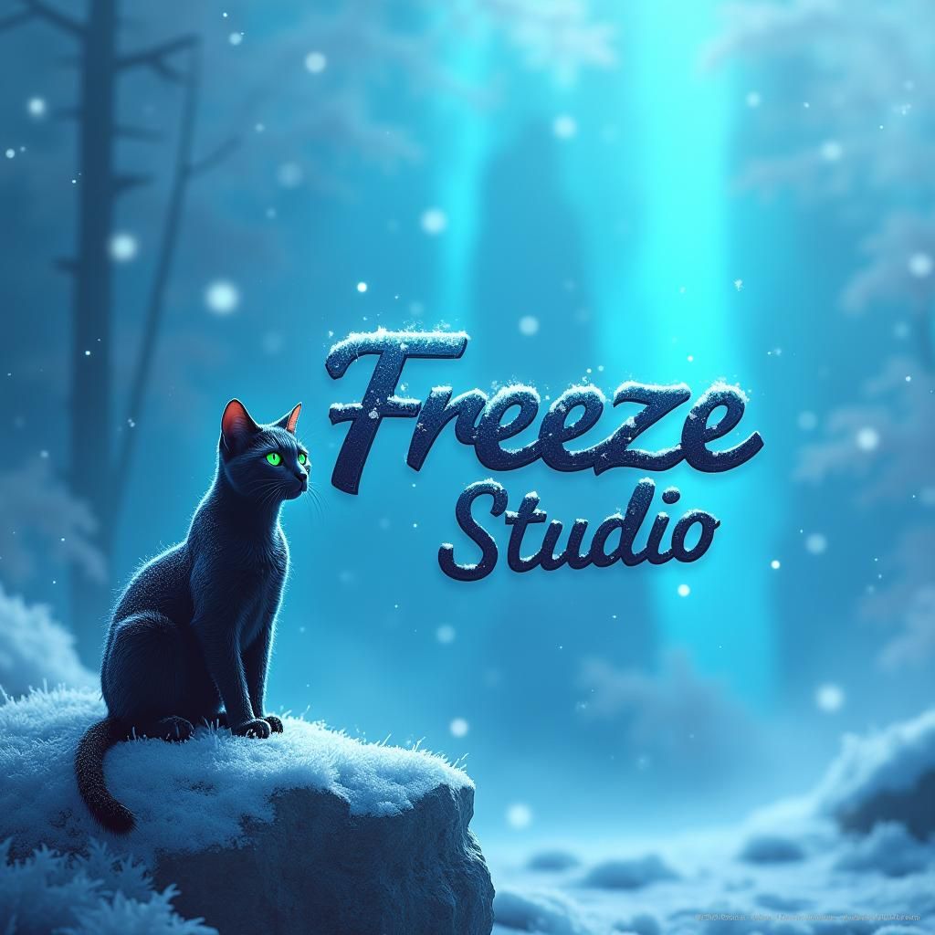 Icy Landscape with Black Cat in Digital Art Style