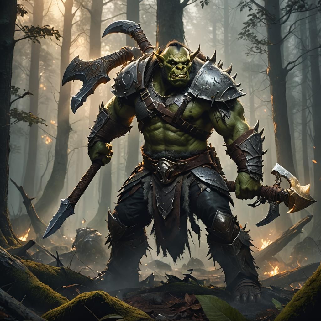 Battle-Ready Orc in Misty Forest: Hyper-Realistic Digital Ar...