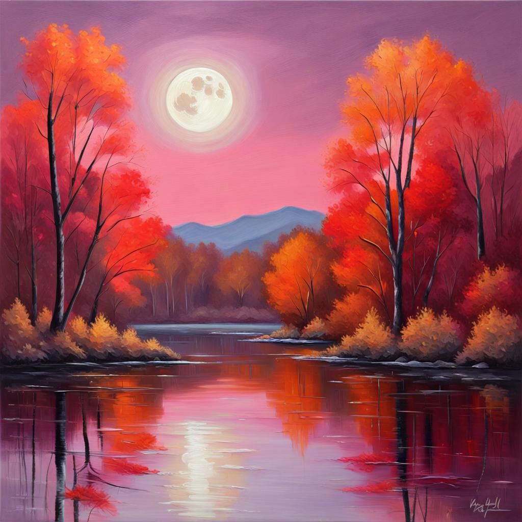 Autumn River Reflection under Moonlight, Dreamlike Landscape