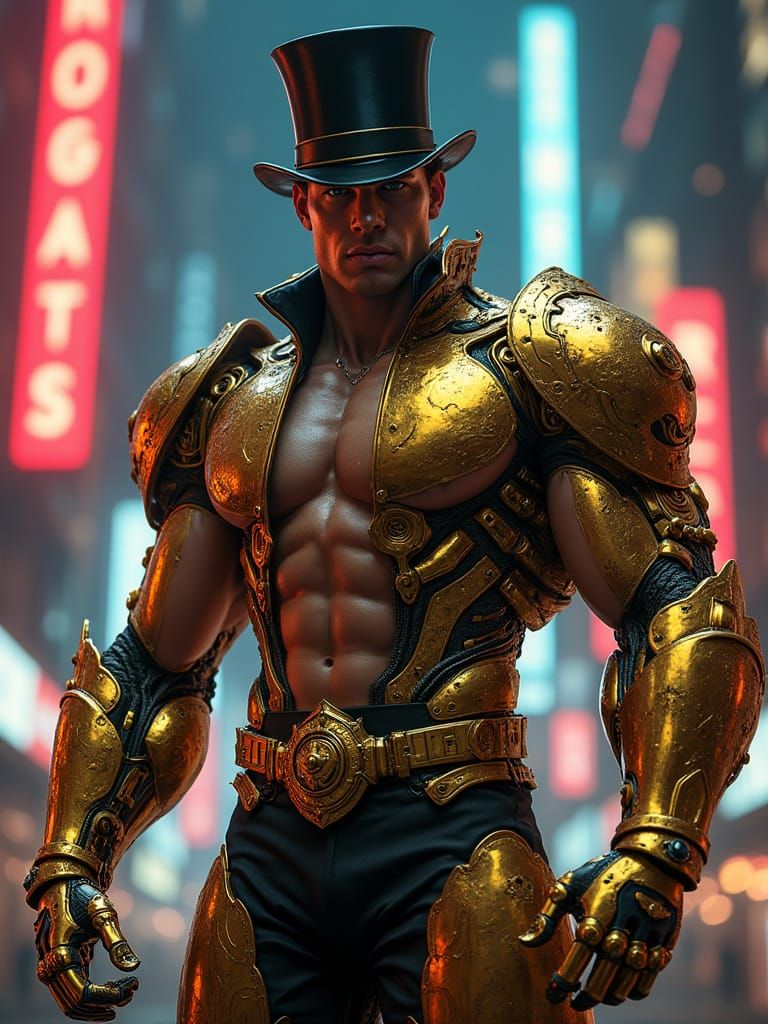 Tactical Cyborg Bodybuilder Barrister in Cyberpunk Cityscape