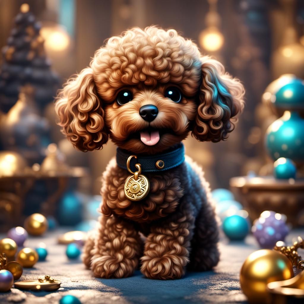 Adorable Fluffy Brown Toy Poodle in Detailed Digital Paintin...
