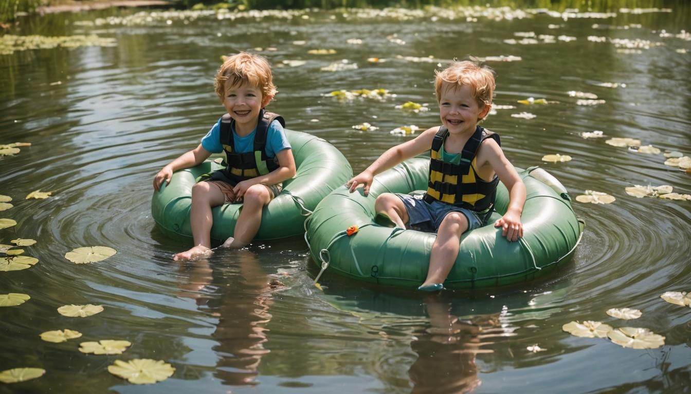 Boys on Innertubes Enjoying Summer Sunshine