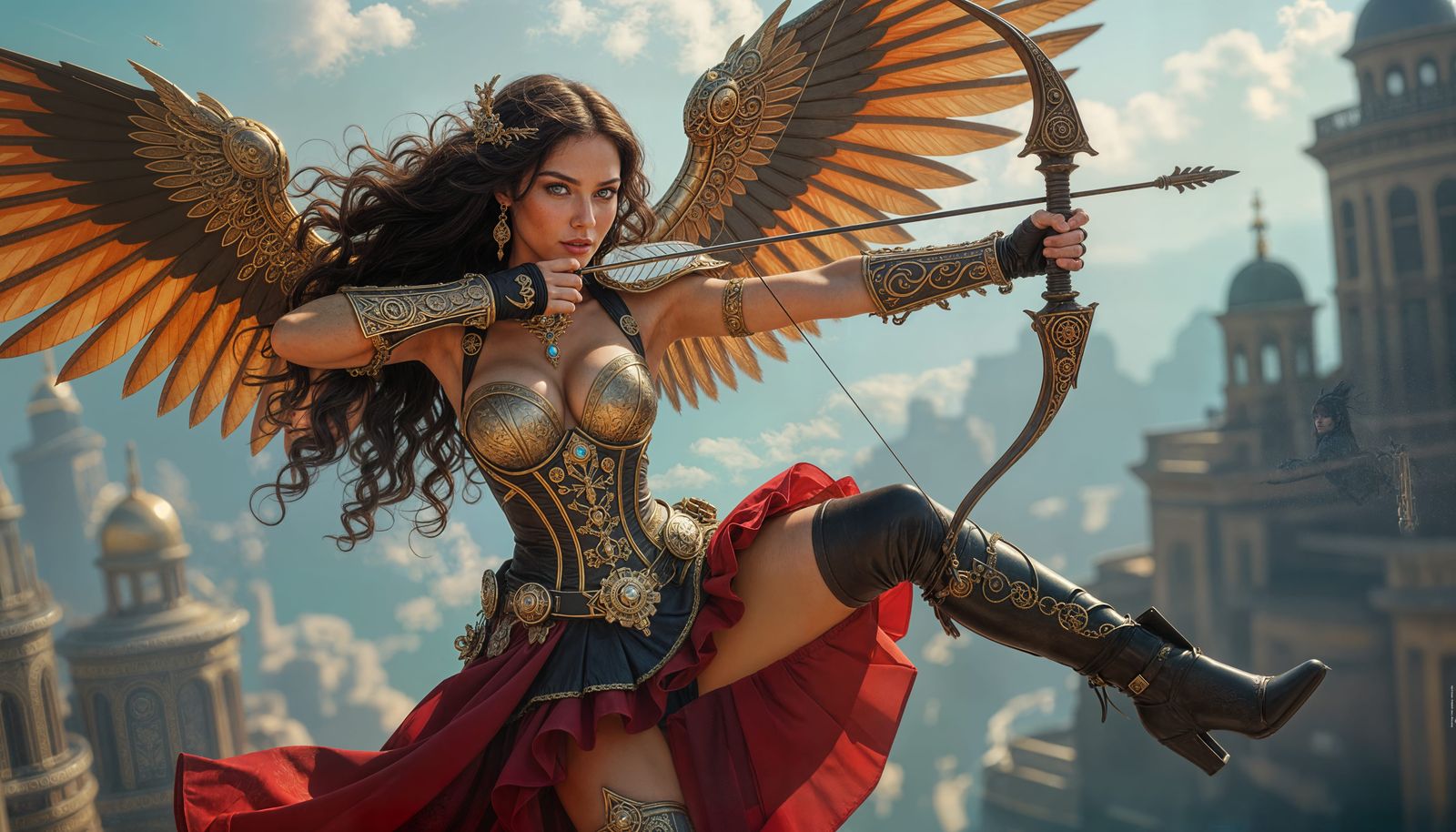 Steampunk Archer with Mechanical Wings in Flight