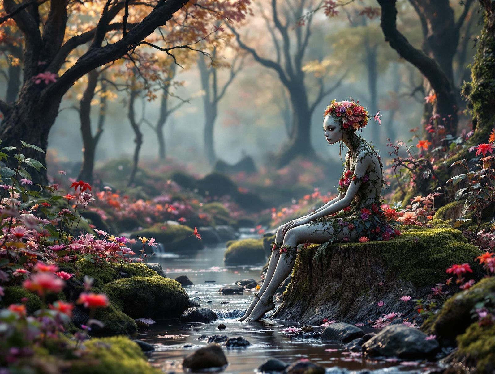 Surreal Fairy Sits Peacefully in Whimsical Landscape