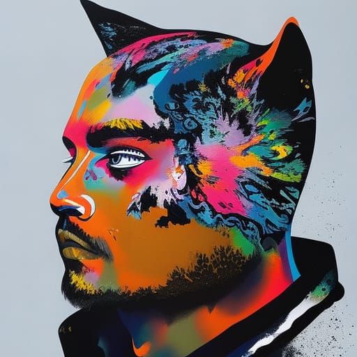 Cat-Faced Man in Colorful Graffiti Street Art