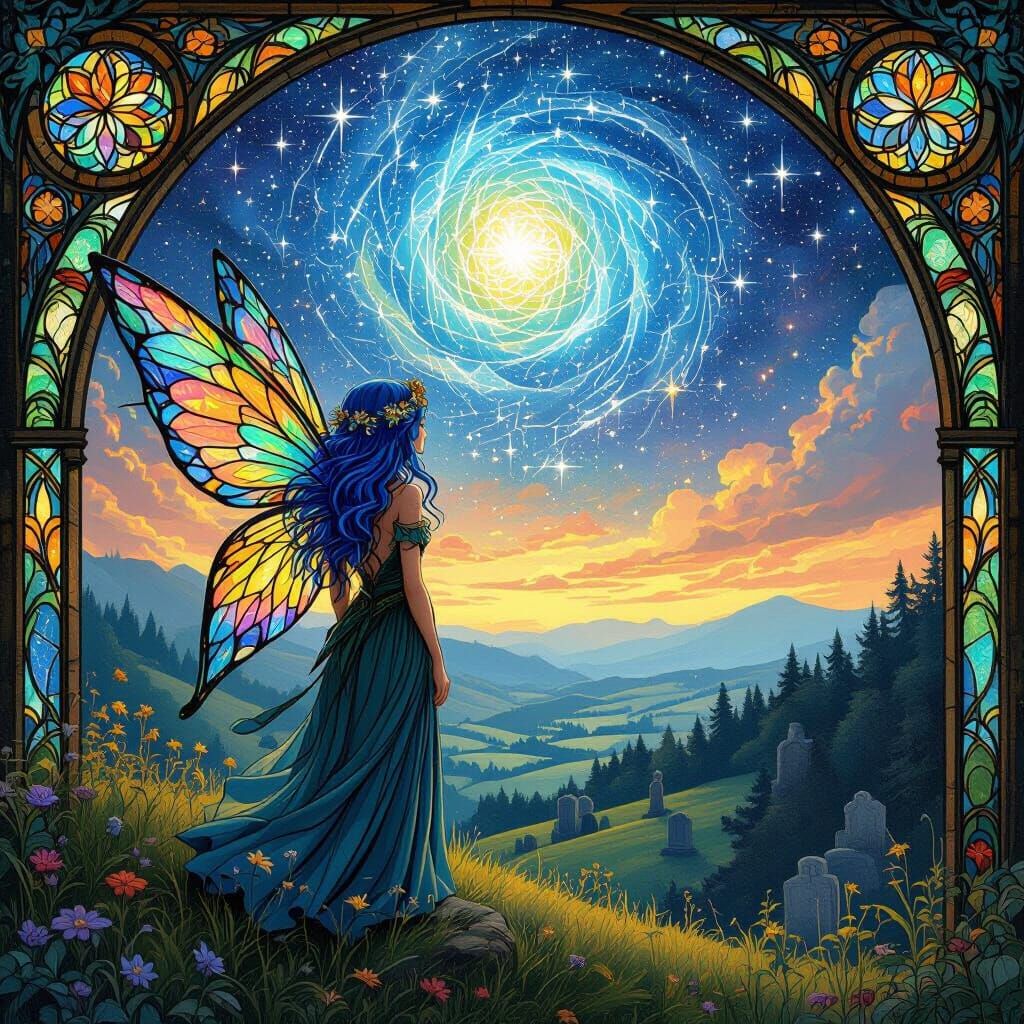 Stained Glass Garden Fairy Overlooking Graveyard