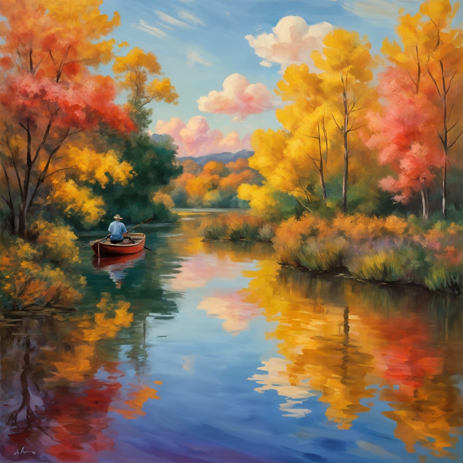 Autumn River Paddle Boat in Impressionist Style