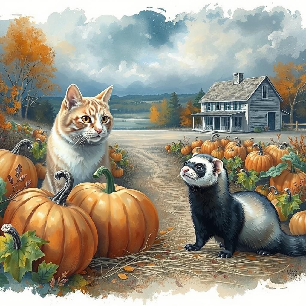 Cat and Ferret's Autumn Adventure: An Airbrush Painting