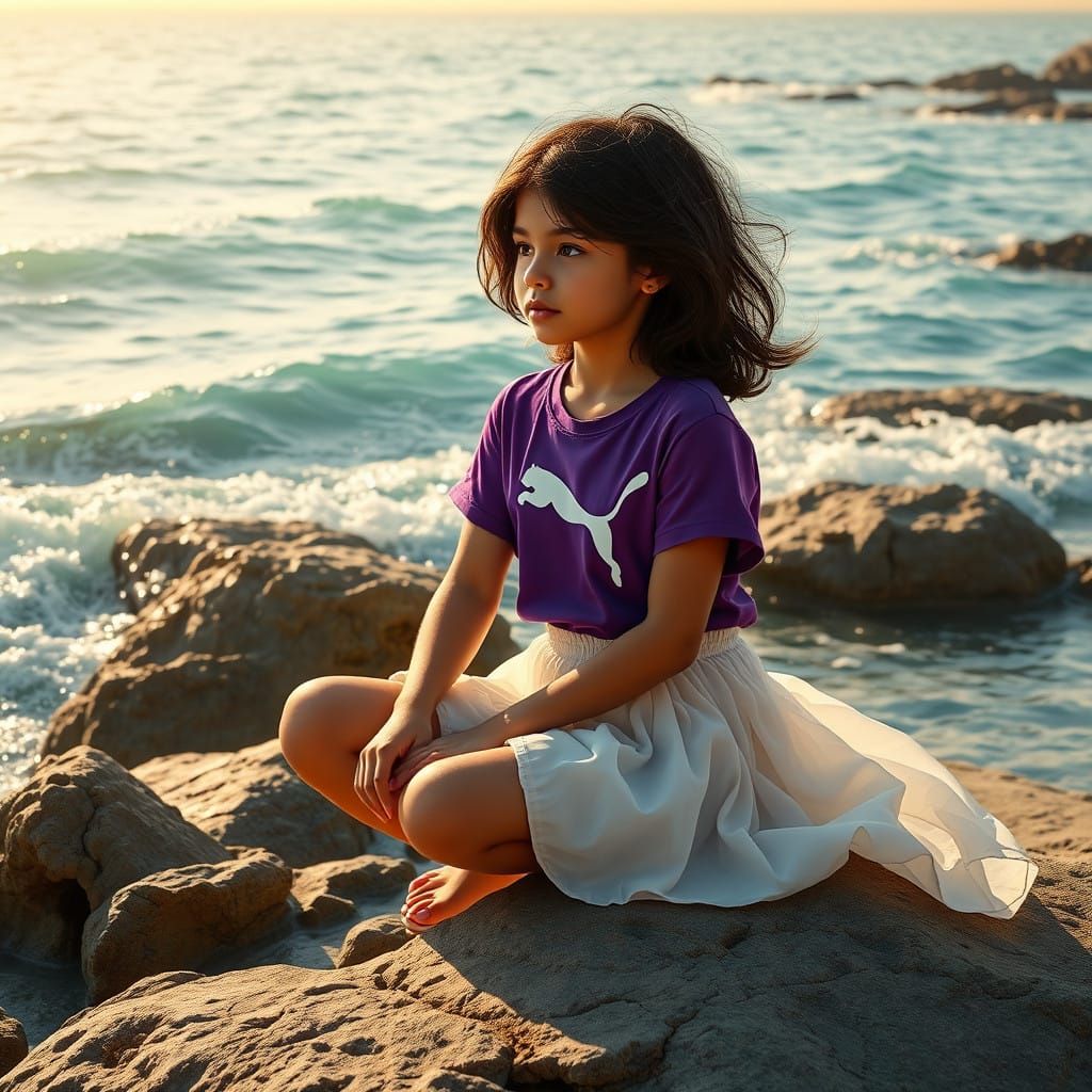 Young Girl Seated on Weathered Shoreline, Gazing Out at Turq...