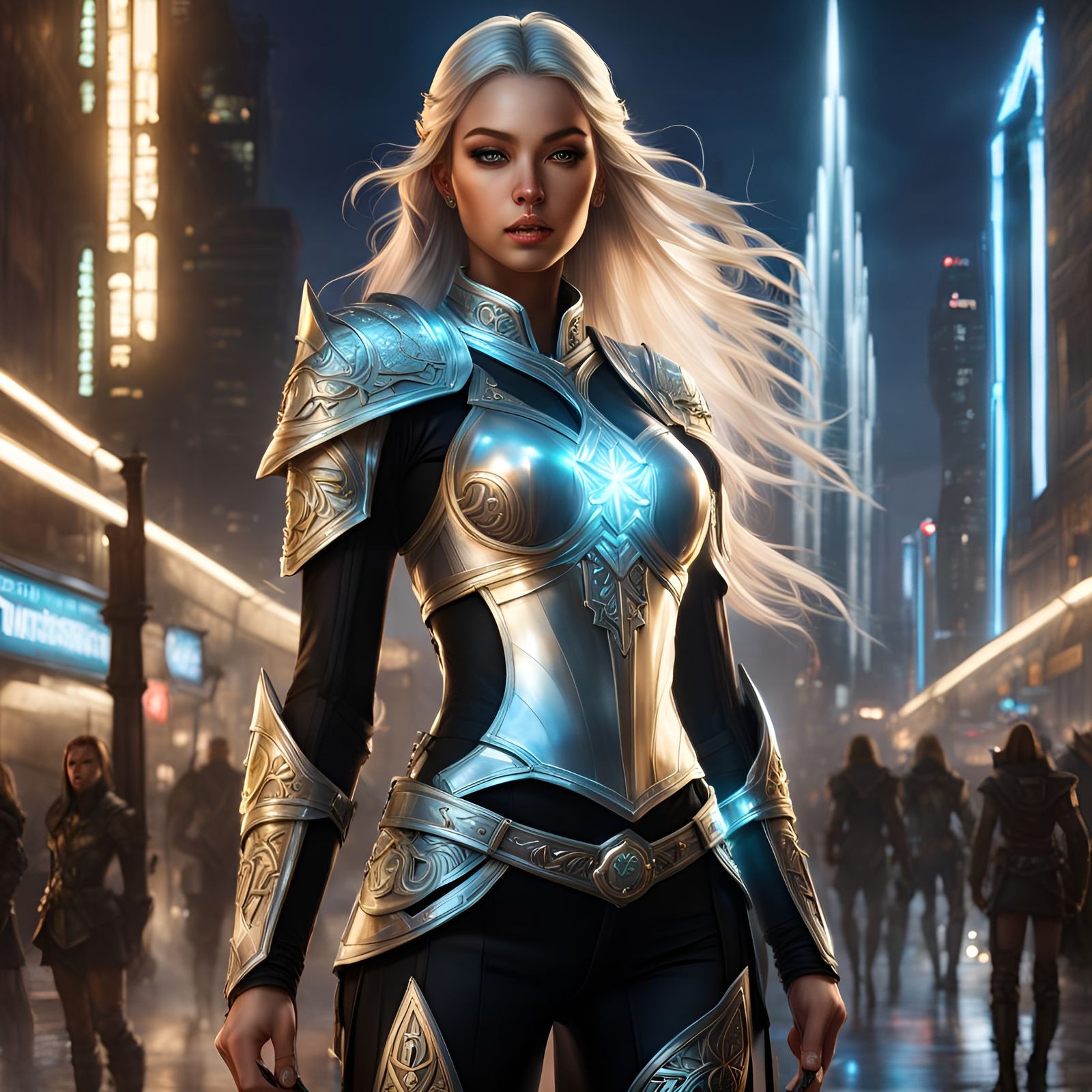 Futuristic Medieval Elven Paladin in Sci-Fi Cityscape
