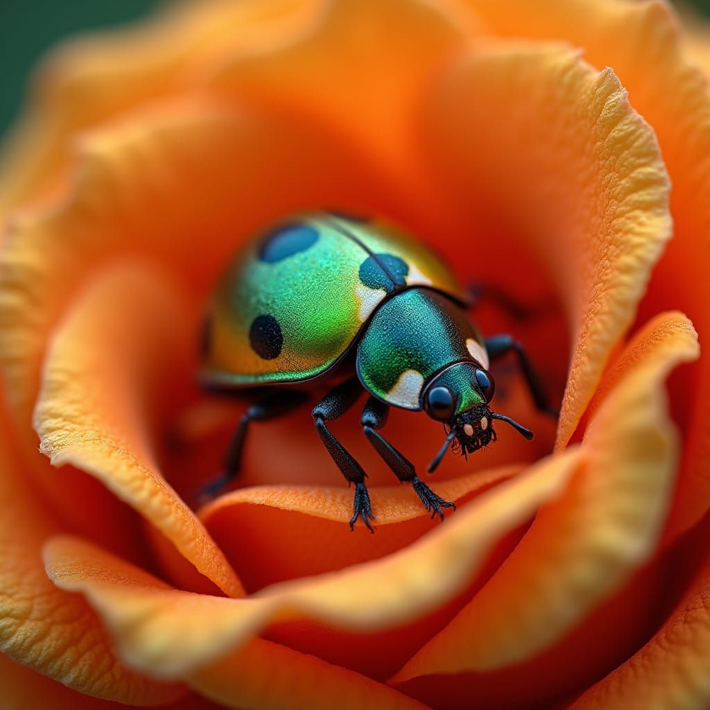 Ladybug Exploring Miniature Rose Garden in Macro View