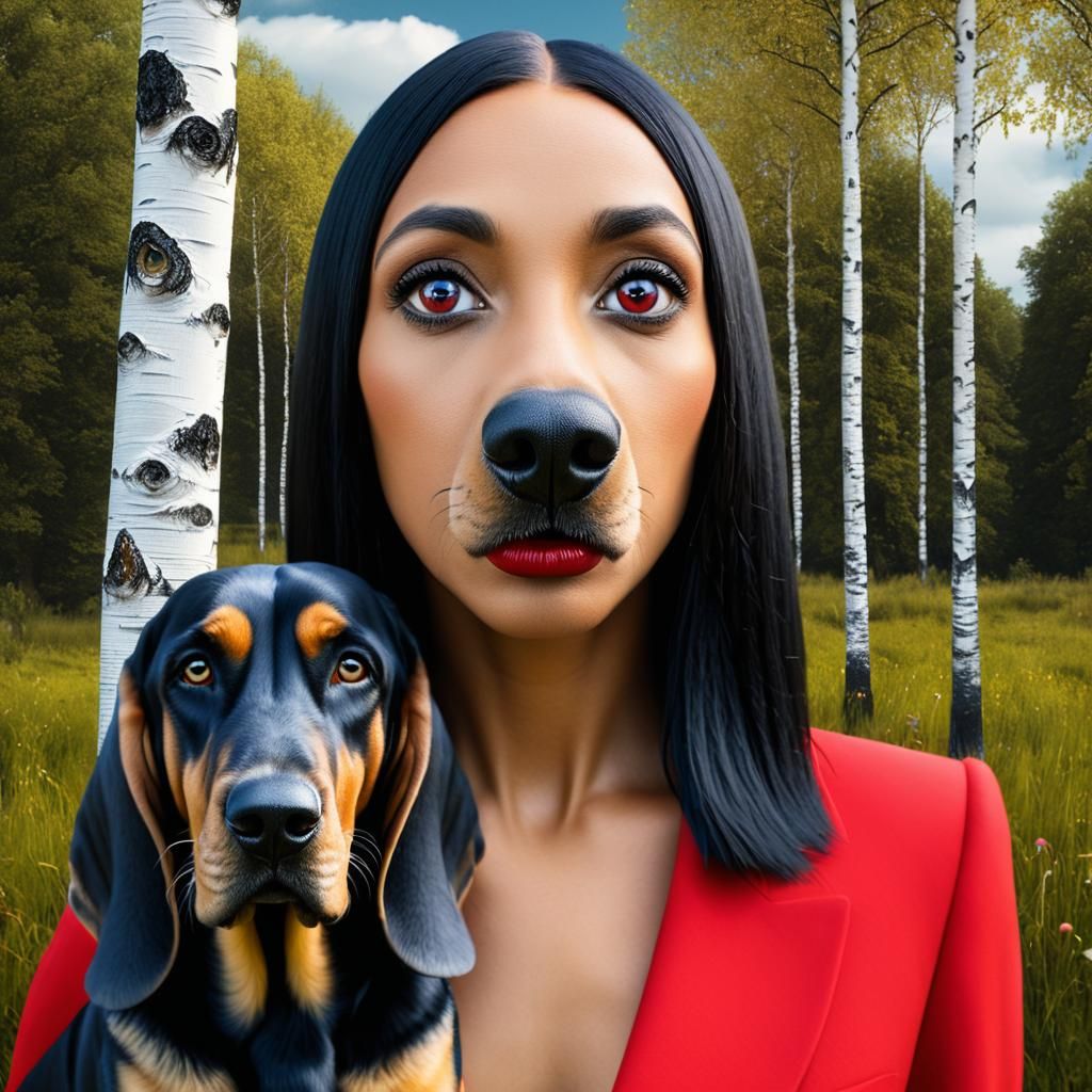 Hyperrealistic Portrait: Bloodhound and Raven-Haired Woman
