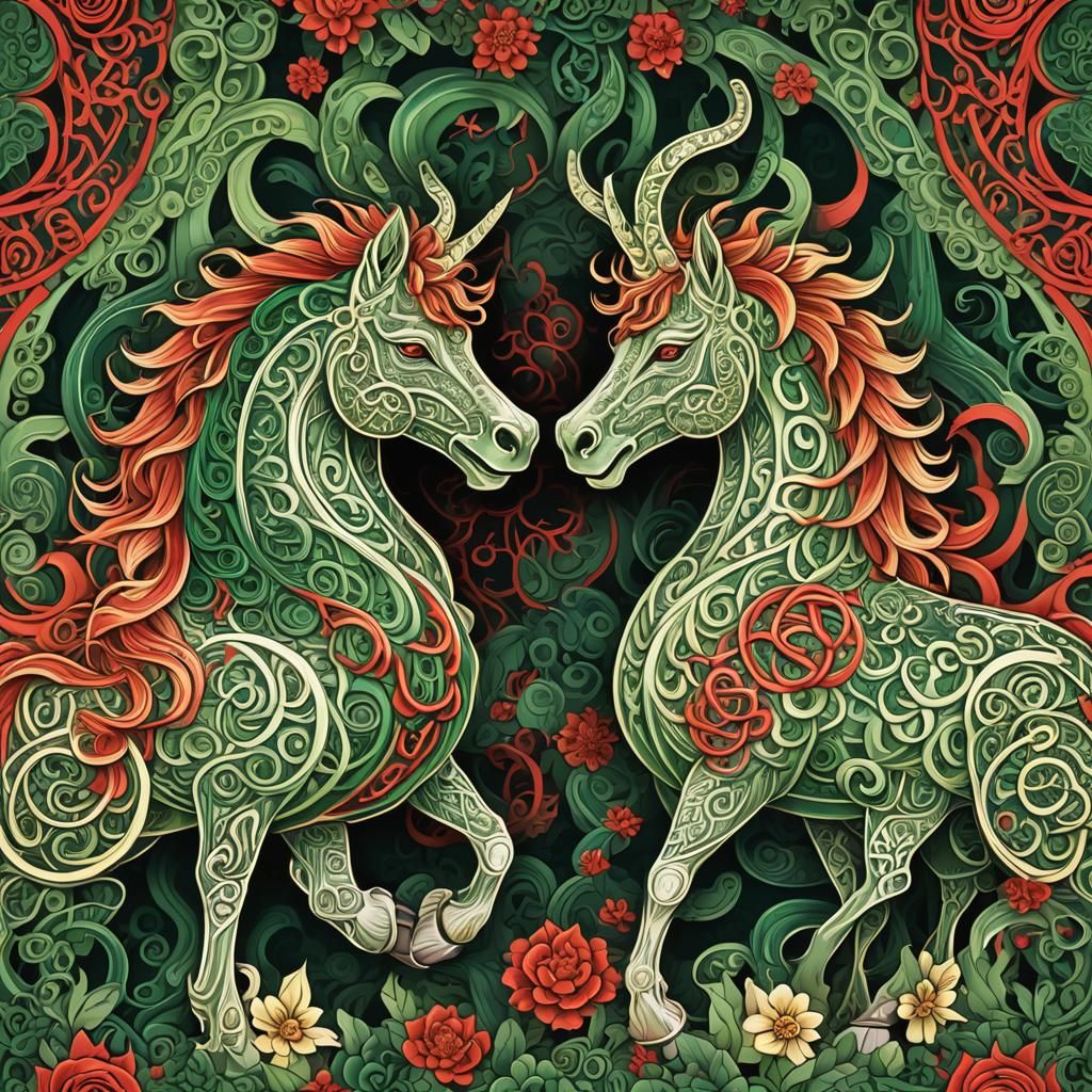 Pair of Kirins Surrounded by Celtic Knots