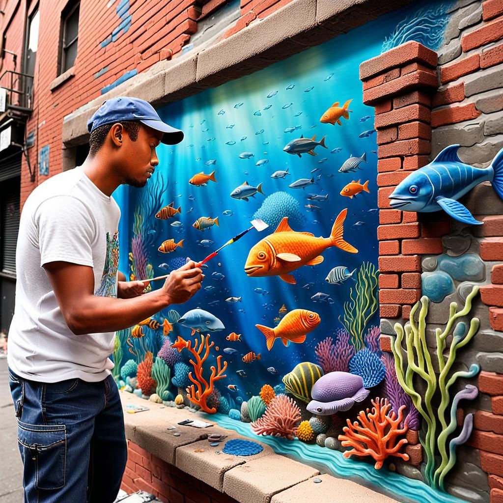 An  claymation artist carefully painting a vibrant underwater scene on a brick city wall