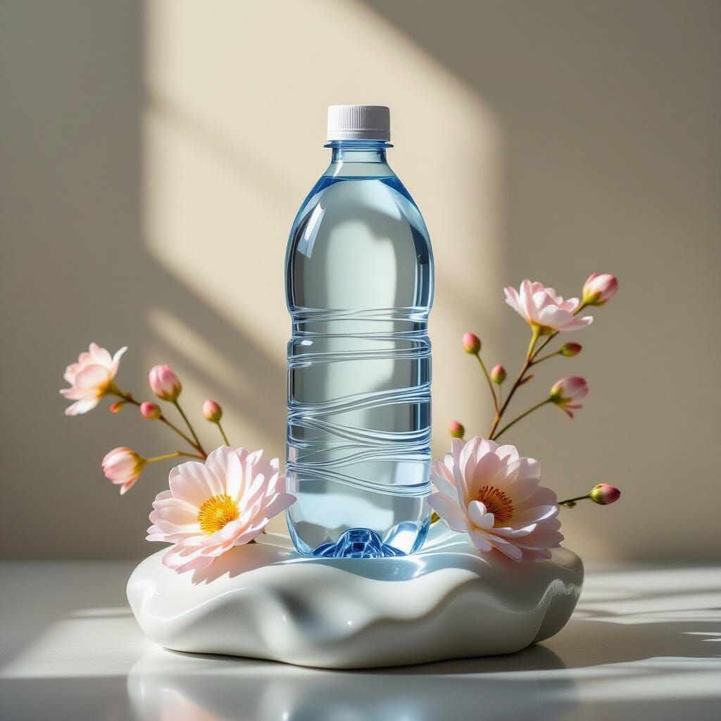 Water Bottle on Sculptural Resin Base with Floral Accents
