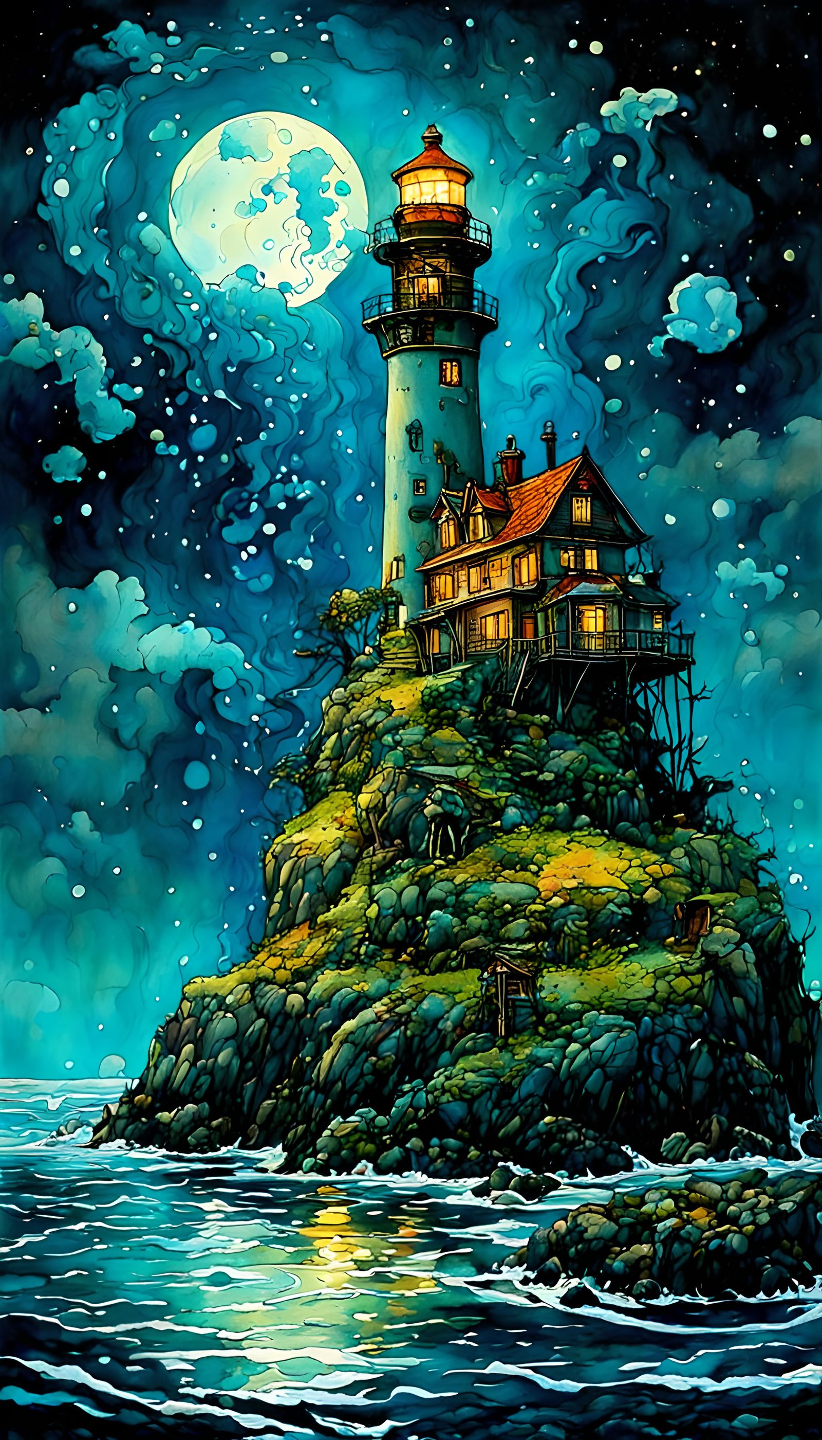 Island Lighthouse in Gouache Watercolor Style