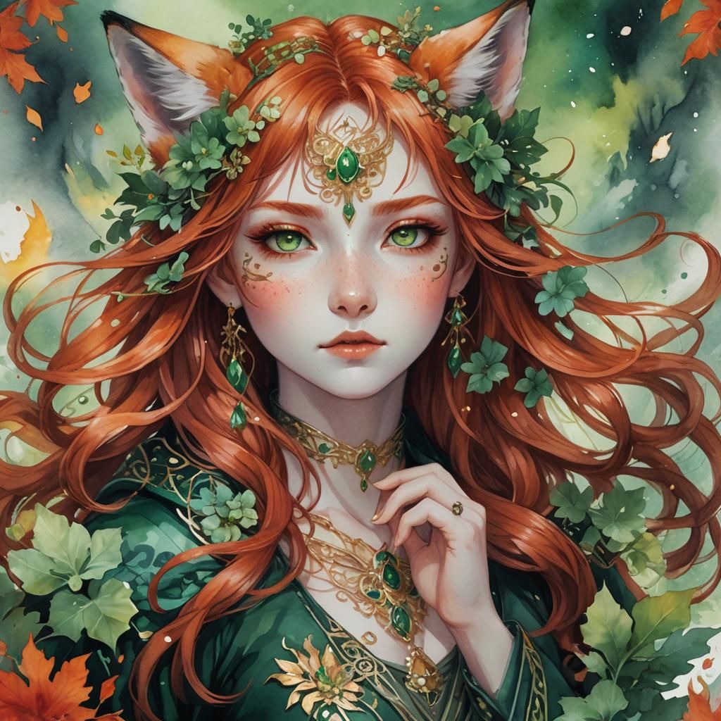 Anime Fox Girl with Fiery Red Hair