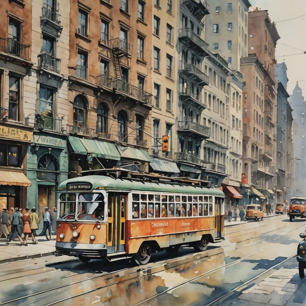 Vintage Trolley Watercolor Painting on City Street
