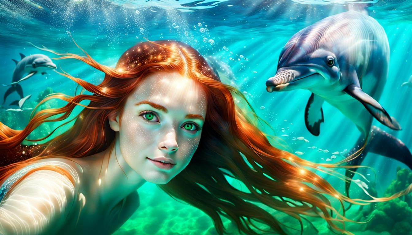 Mermaid in Clear Water with Dolphins