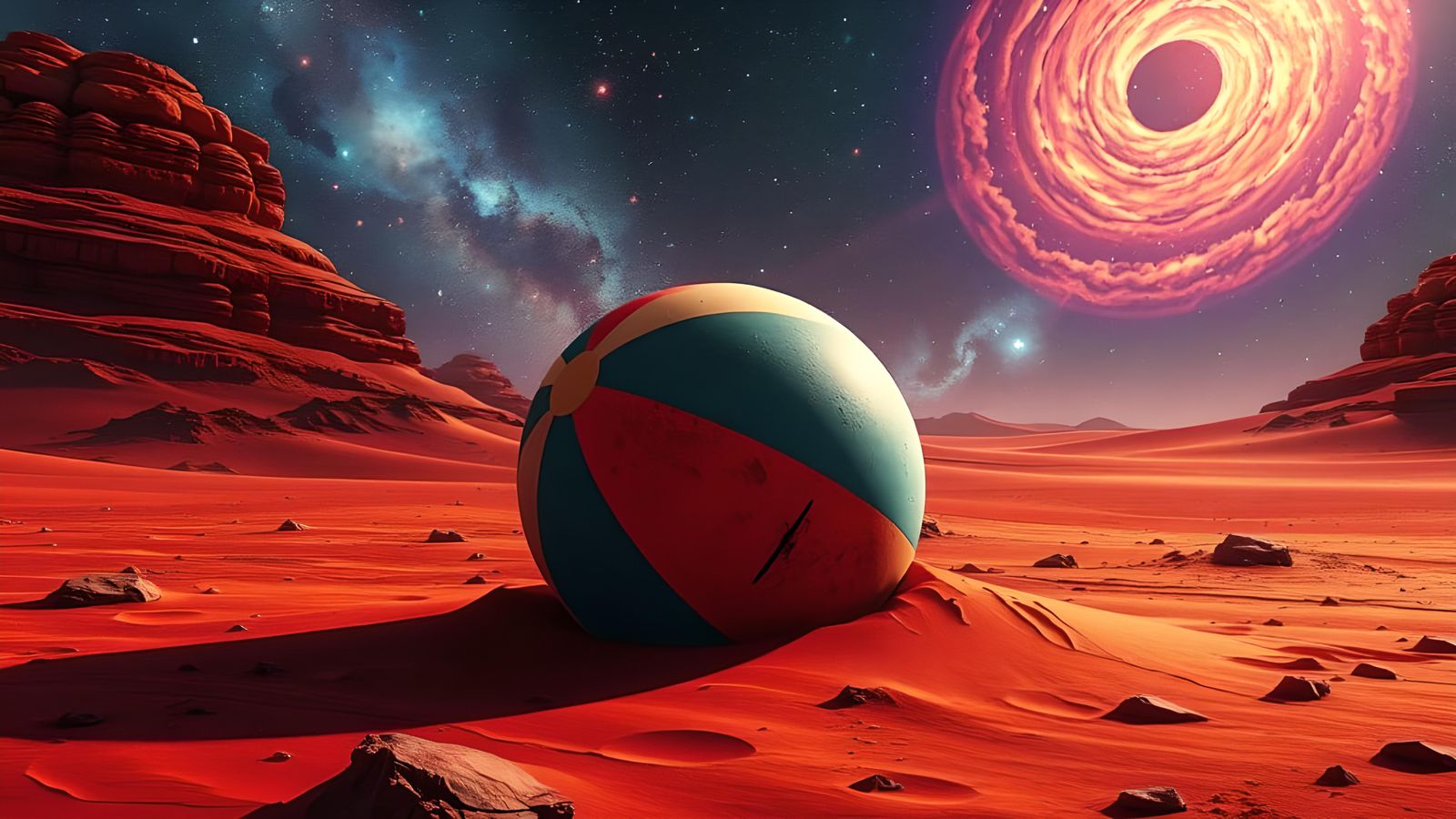 Martian Desert Beach Ball Under Galaxy Sky