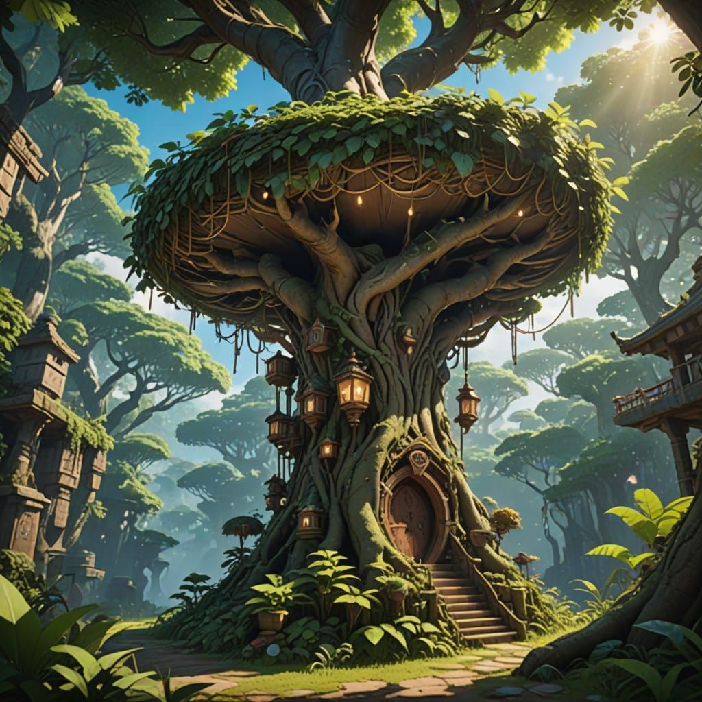 Vibrant Jungle Nest Carved from Twisted Vines and Branches