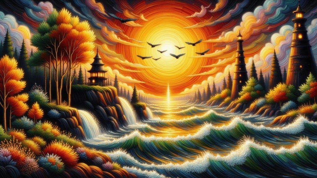 Vibrant Impasto Landscape with Radiant Sun Goddess