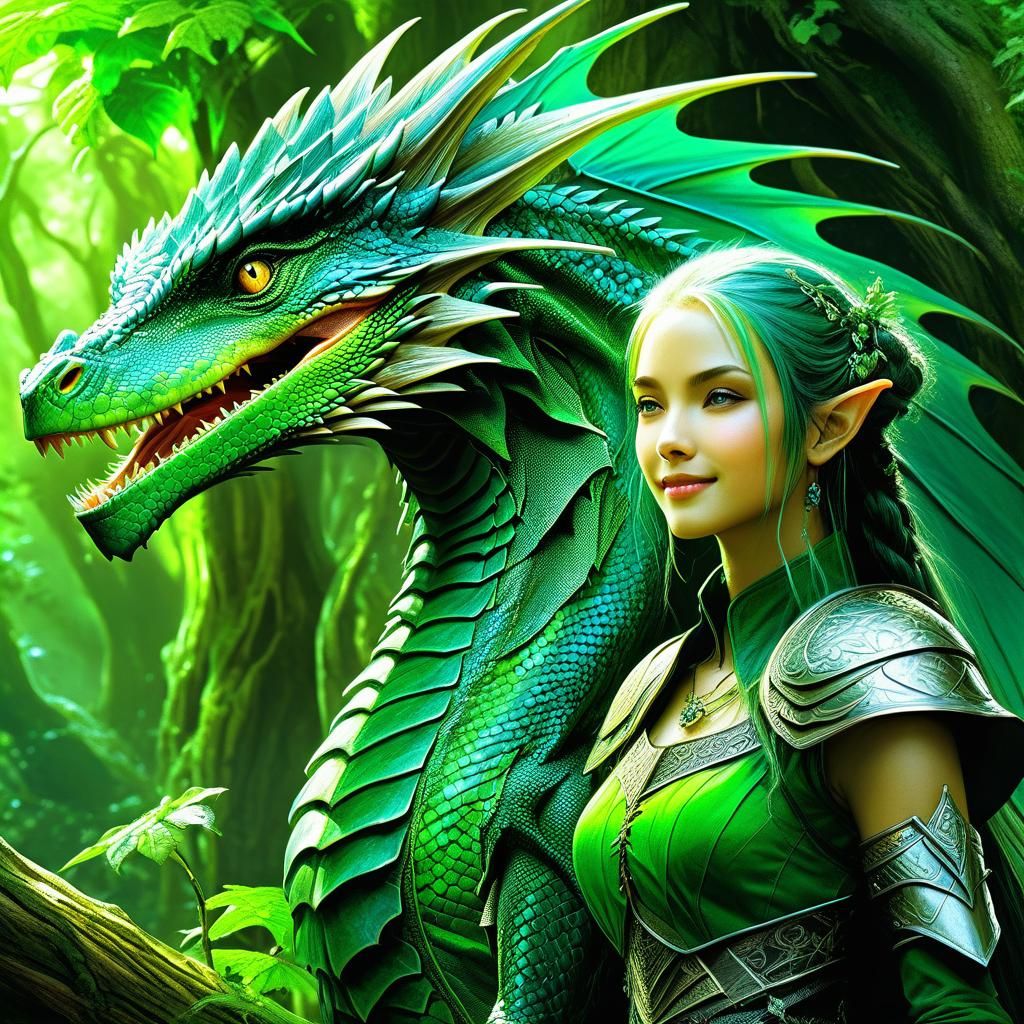 Elf and Dragon Portrait in Anime Style