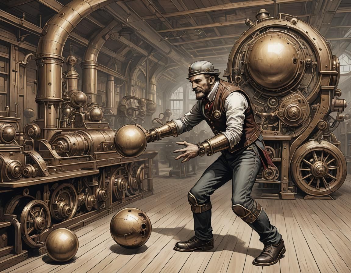 Steampunk Bowler Reimagines Sisyphus Pushing Bowling Ball