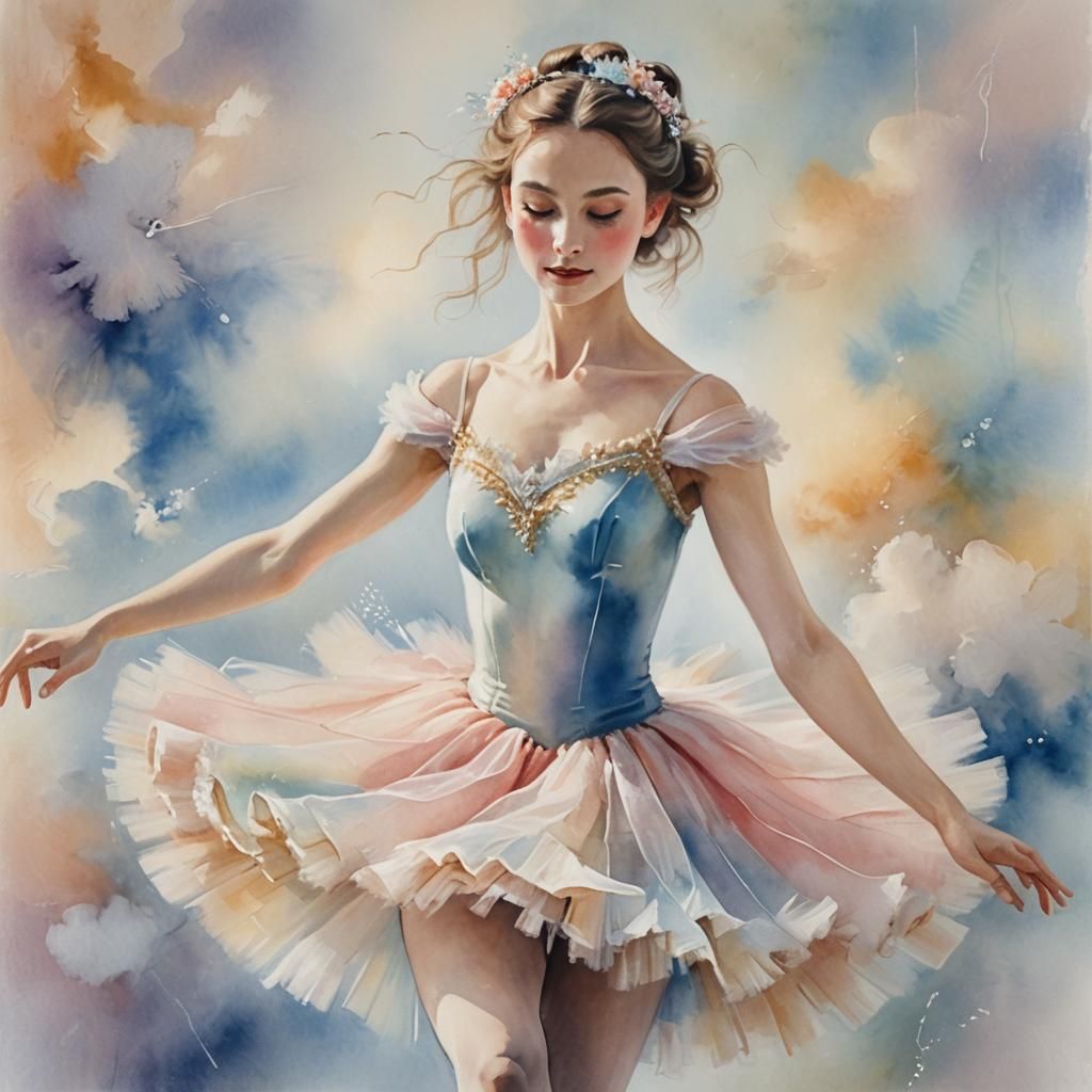 Ballerina Dances on a Cloud in Watercolor Style