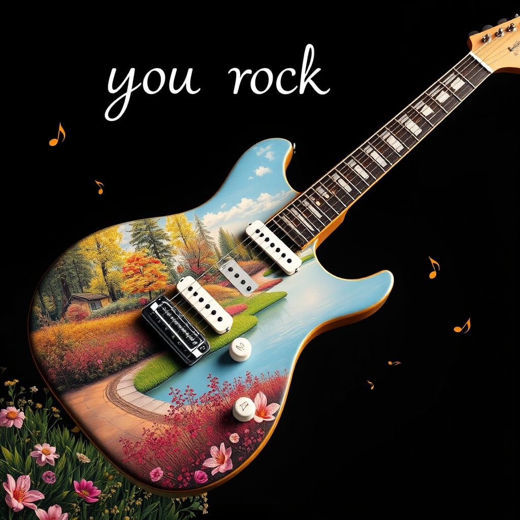 Surreal Electric Guitar in Khokhloma Style with Whimsical Fa...