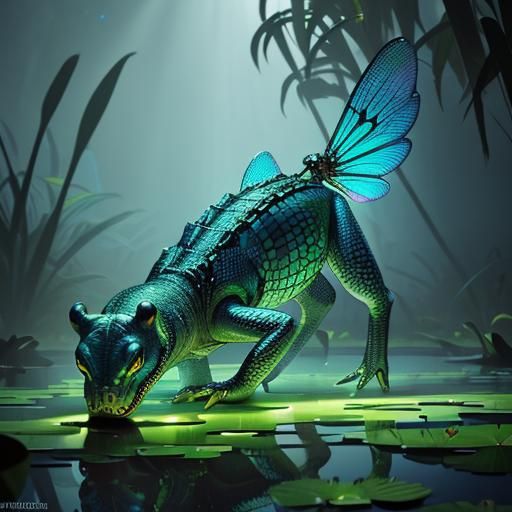 Metallic Alligator with Dragonfly Wings in Bioluminescent Sw...