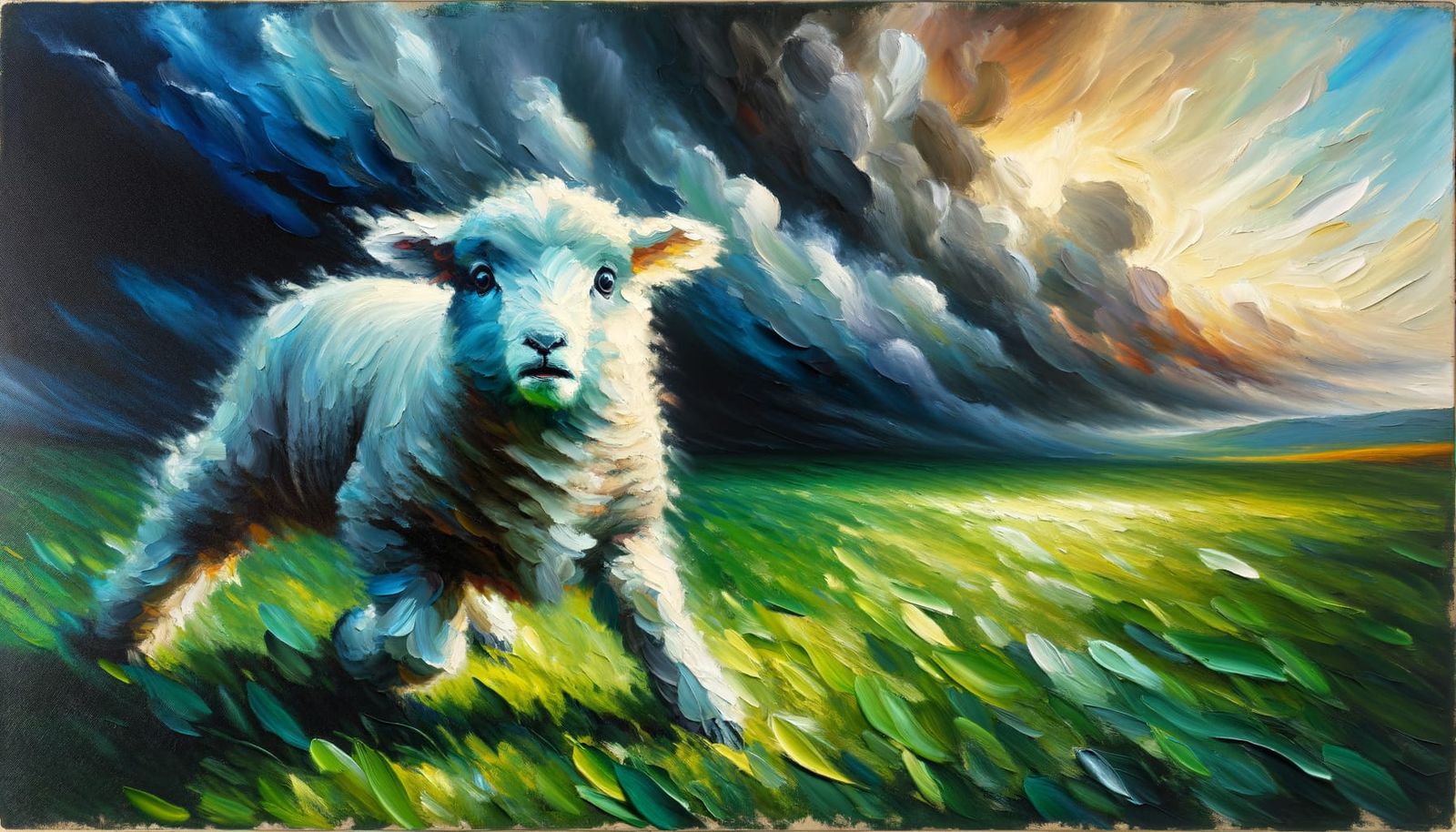 Impressionistic Lamb Showing Panic in Stormy Field