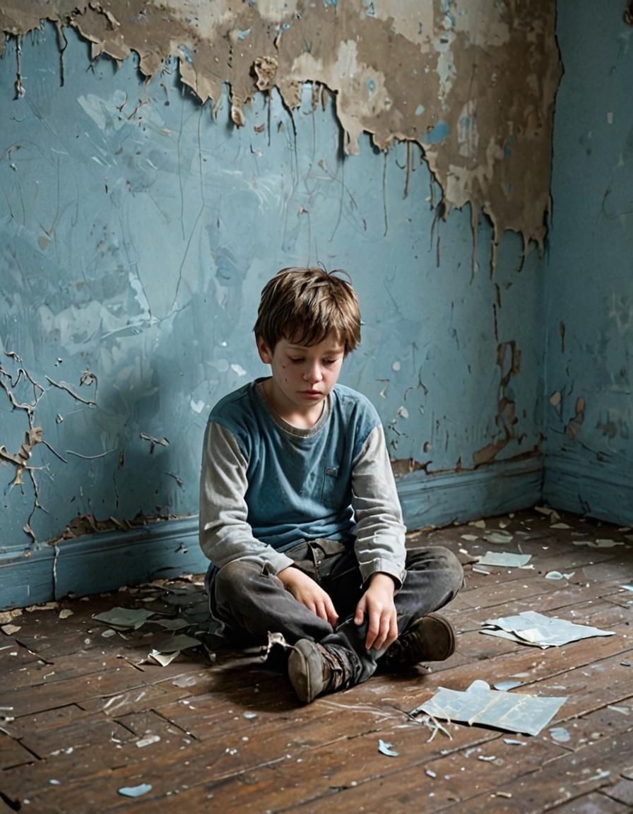 Sad Boy in Dilapidated Room