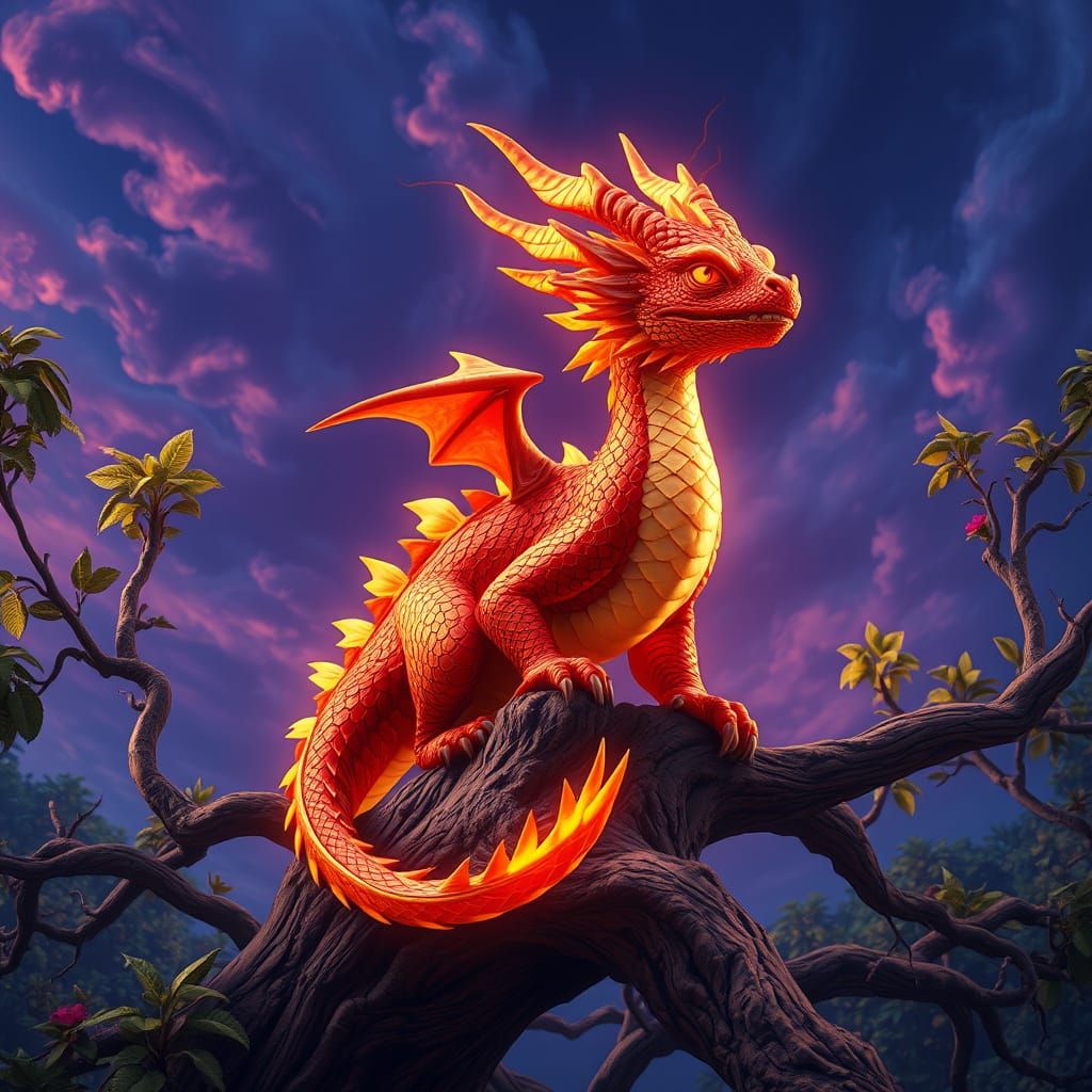 Majestic Copper Dragon Perched on Ancient Tree Branch