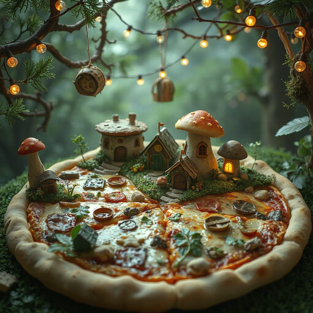 Magical Fairy Village on Pizza, Cinematic Style