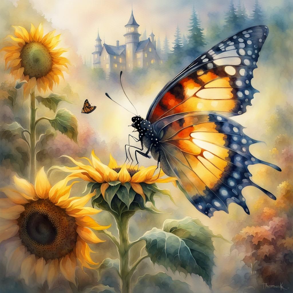 Sunflower Butterfly Double Exposure in Watercolor Style