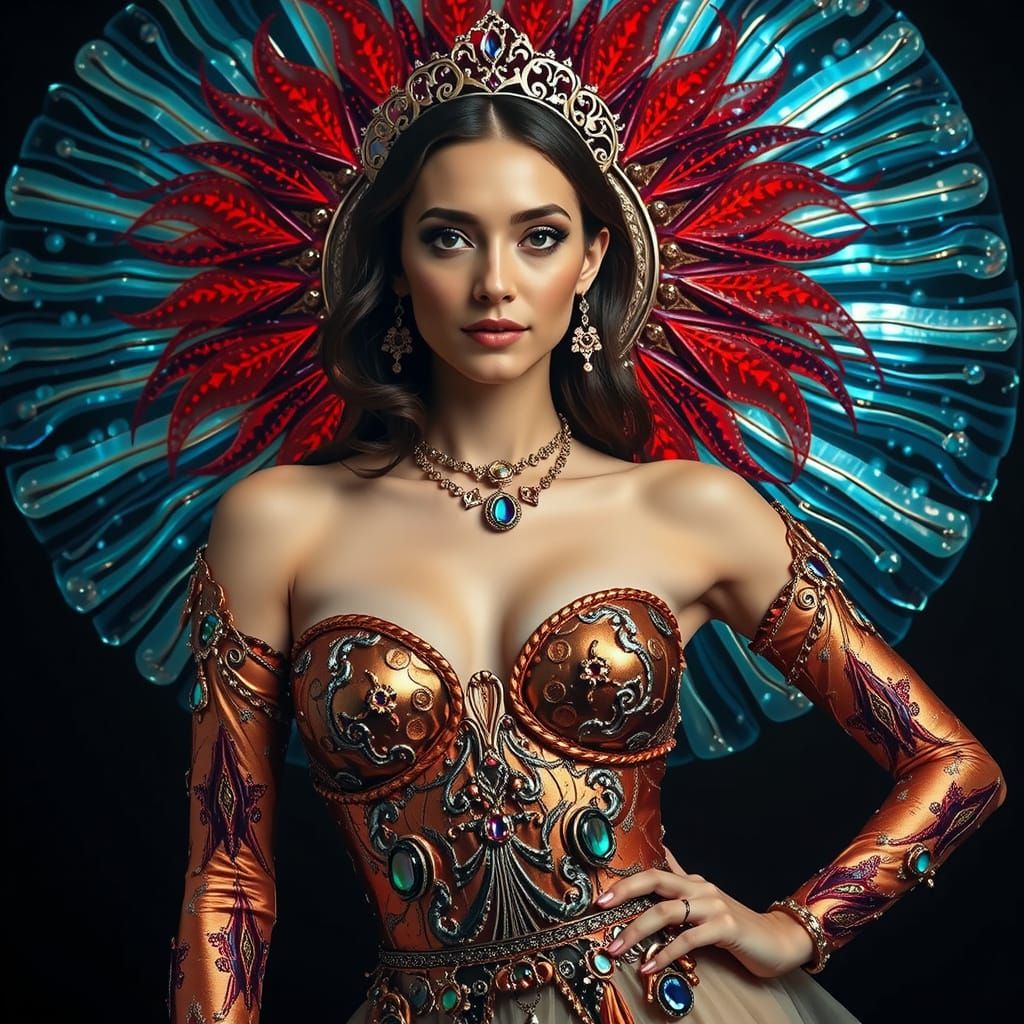 Elegant Figure in Neon-Lit, Bioluminescent Landscape