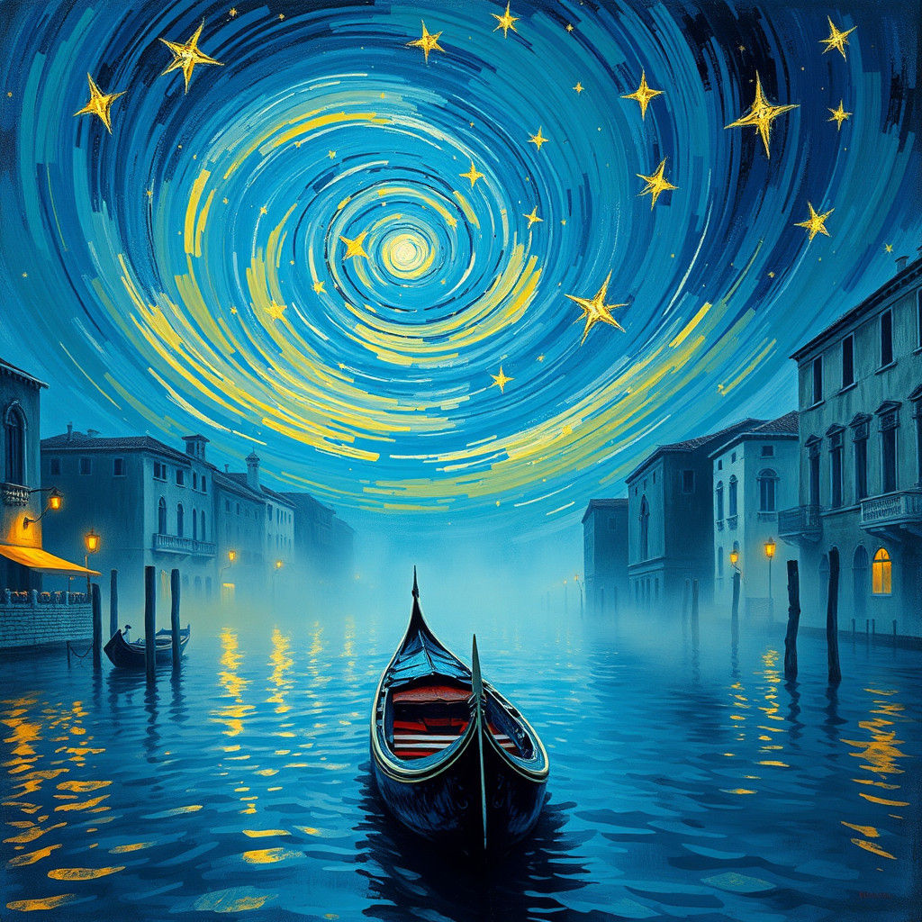 Venice Gondola Under Starry Sky in Van Gogh Style