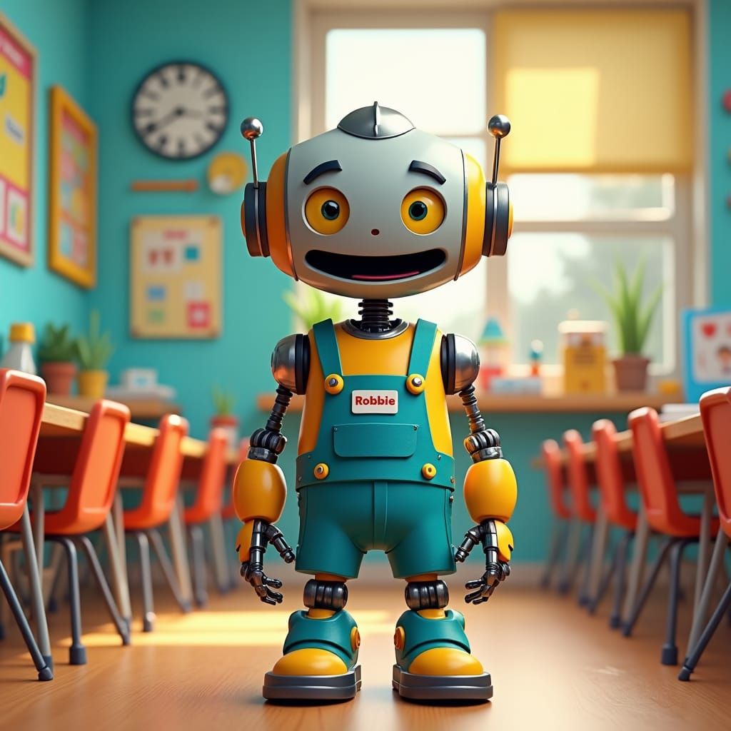 Friendly Robot in Classroom, Whimsical Art Style