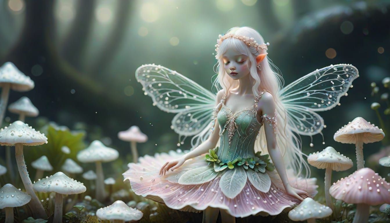 Ethereal Fairy Adorned with Pearls on Mushroom
