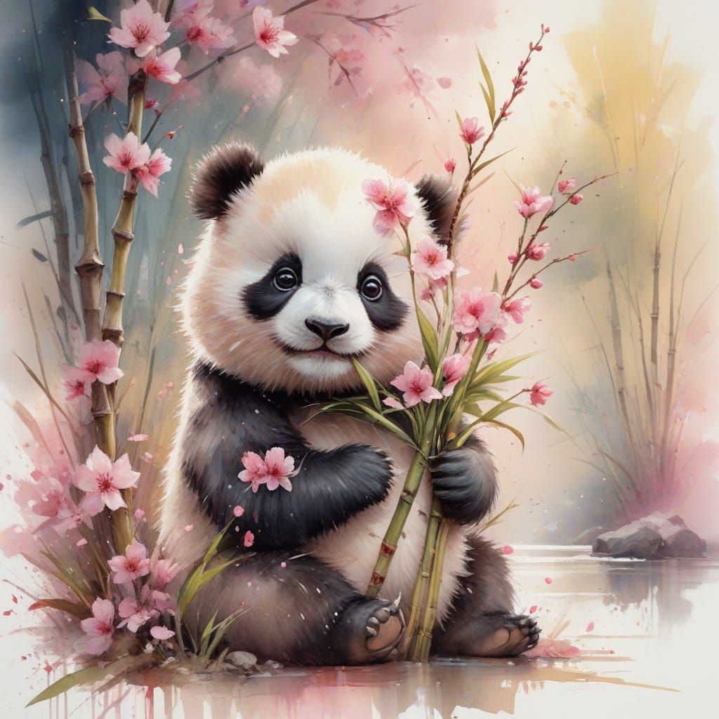Kawaii Panda with Cherry Blossoms Watercolor Style
