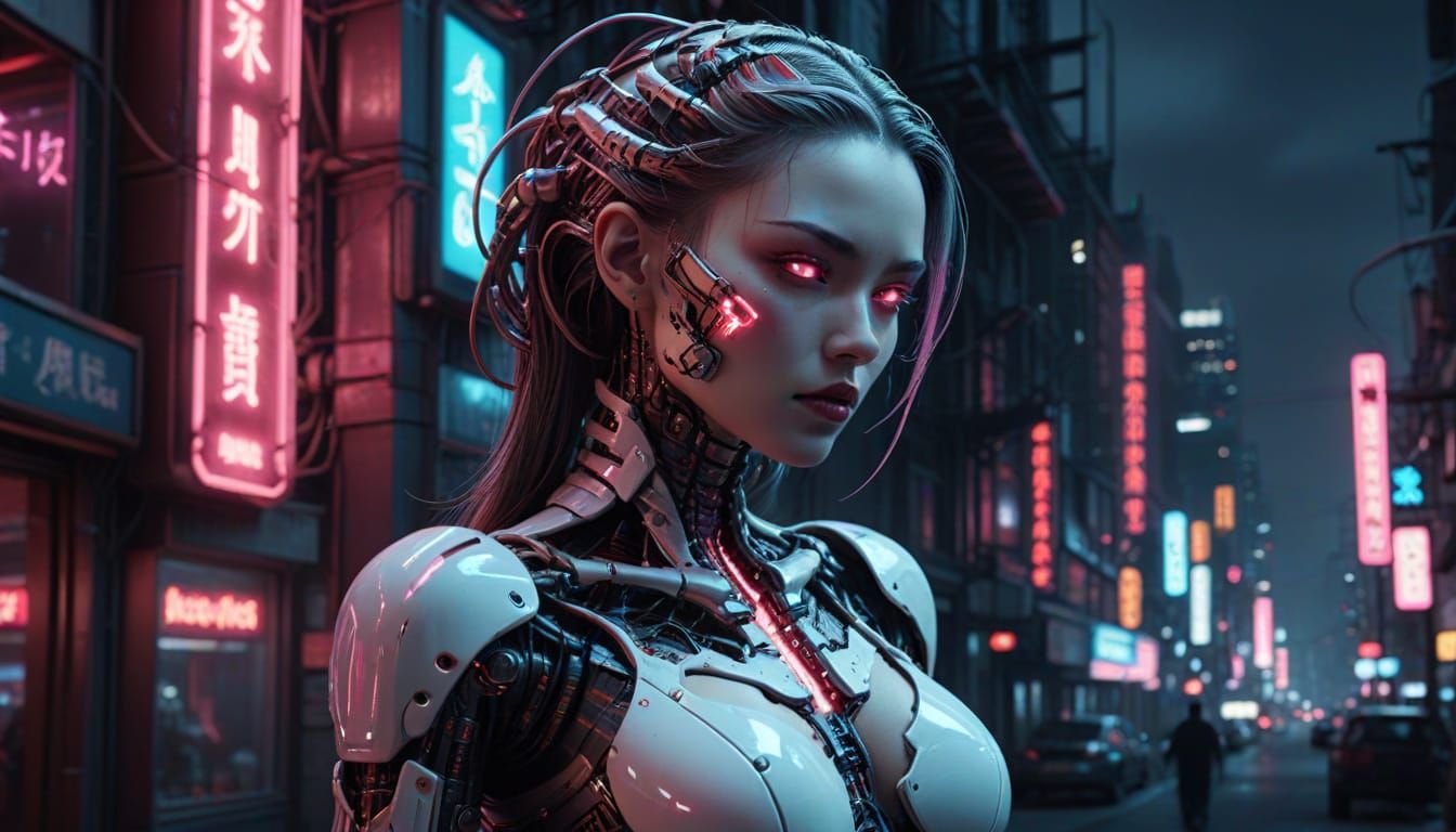 Gothic Cyborg Pinup in Cyberpunk Cityscape