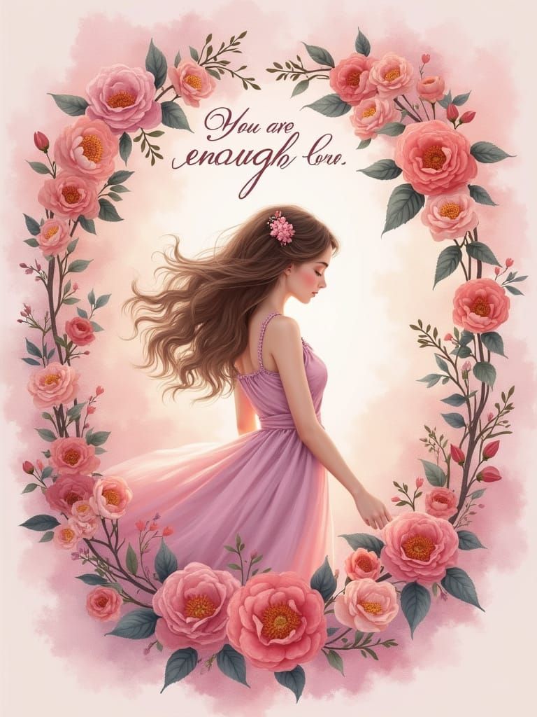 Elegant Floral "You Are Enough" Quote in Watercolor Style