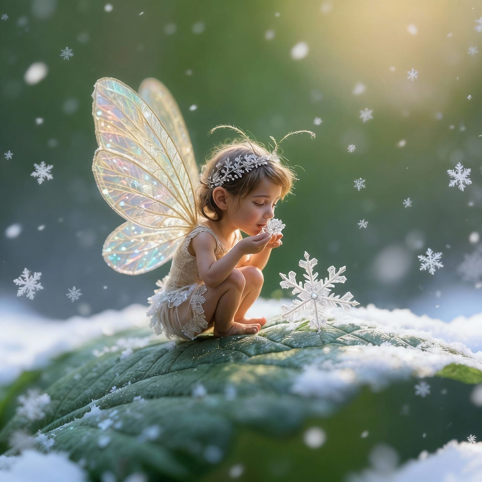Delicate Fairy Eating Snowflake Macro Photograph